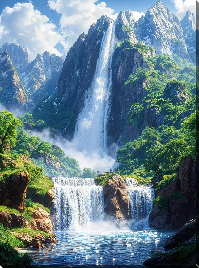 Картина маслом Водопад и горы №20