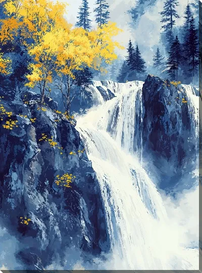 Картина маслом Водопад и желтые деревья