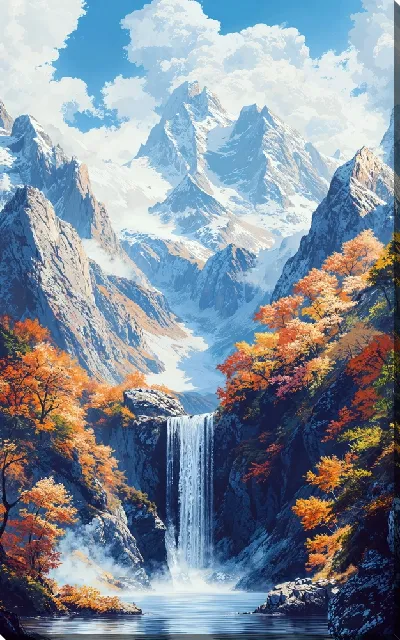 Картина маслом Водопад и горы №27