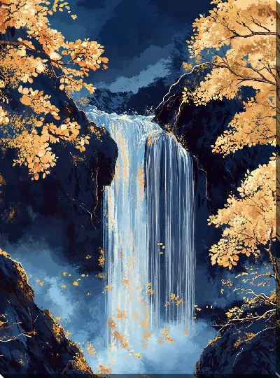 Картина маслом Водопад и золотые листья деревьев