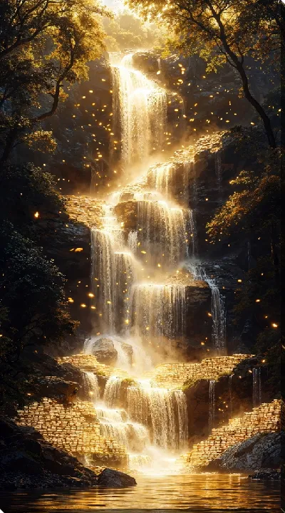 Картина маслом Водопад в утренних лучах