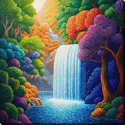 Картина маслом Водопад и яркие деревья