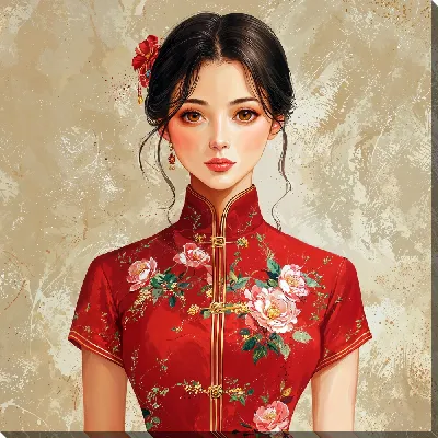 Картина маслом Китаянка в красном