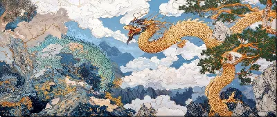 Картина маслом Золотой дракон в полёте