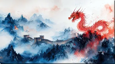 Картина маслом Дракон в туманных горах