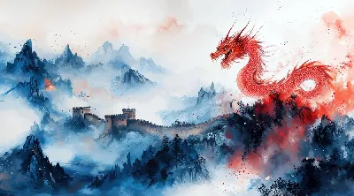 Плакат Дракон в туманных горах