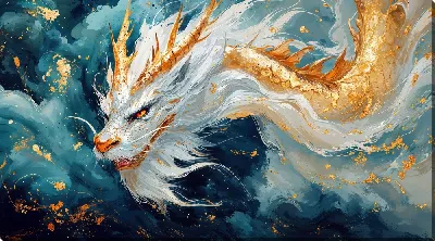 Картина маслом Бело-золотой дракон