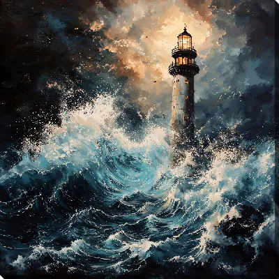 Картина маслом Море ночью с маяком