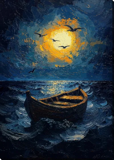 Картина маслом Лунная ночь и лодка