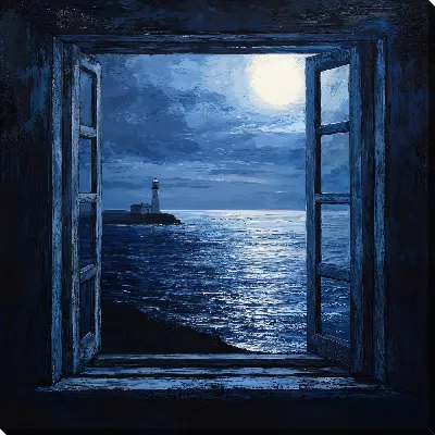 Картина маслом Море ночью в открытом окне