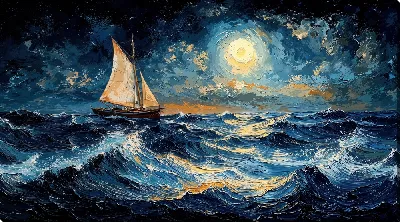 Картина маслом Парусник в ночном неспокойном море