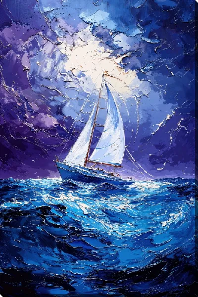 Картина маслом Море ночью с парусником