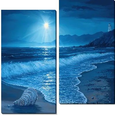 Модульная картина Море ночью и ракушка на пляже