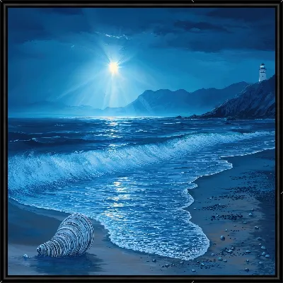 Картина Море ночью и ракушка на пляже