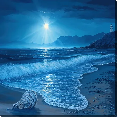 Постер Море ночью и ракушка на пляже