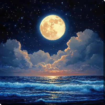 Картина маслом Яркая Луна над ночным морем