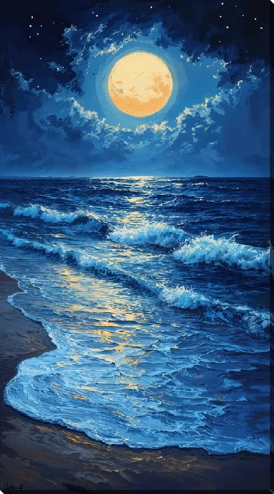 Картина маслом Желтая Луна и ночное море