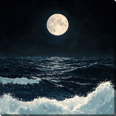 Картина маслом Луна и пенные волны ночного моря