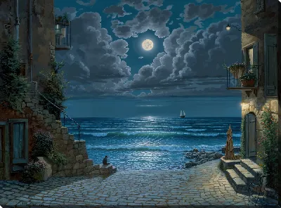 Картина маслом Дворик у ночного моря