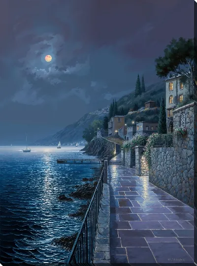 Картина маслом Набережная вдоль ночного моря