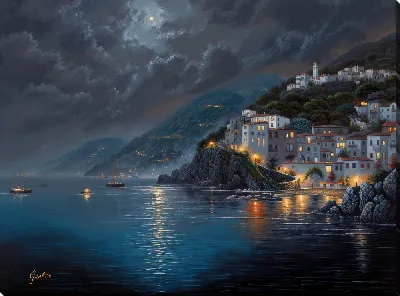 Картина маслом Ночной городок у моря