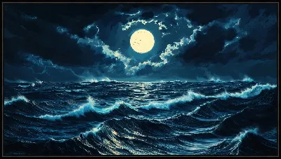 Картина Луна ночная и волны моря ночного