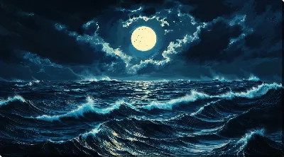 Постер Луна ночная и волны моря ночного