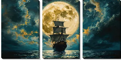 Модульная картина Парусник на фоне большой Луны