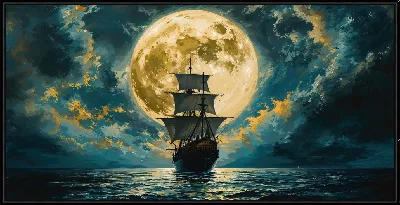 Картина Парусник на фоне большой Луны