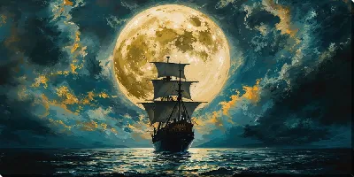 Картина маслом Парусник на фоне большой Луны