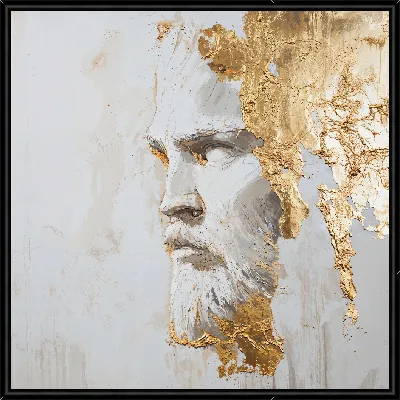 Картина Белая абстракция с лицом мужским и позолотой