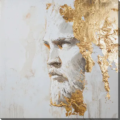 Картина маслом Белая абстракция с лицом мужским и позолотой