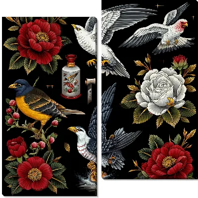 Модульная картина Птицы и цветы на черном фоне