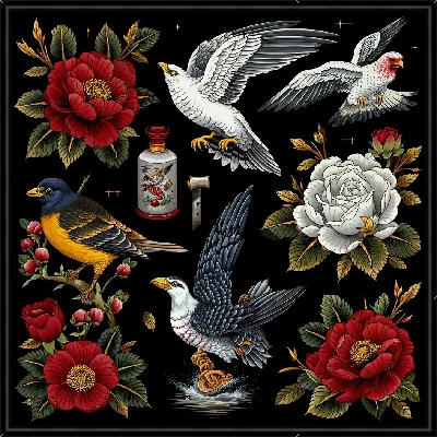 Картина Птицы и цветы на черном фоне