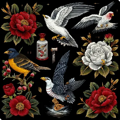 Постер Птицы и цветы на черном фоне