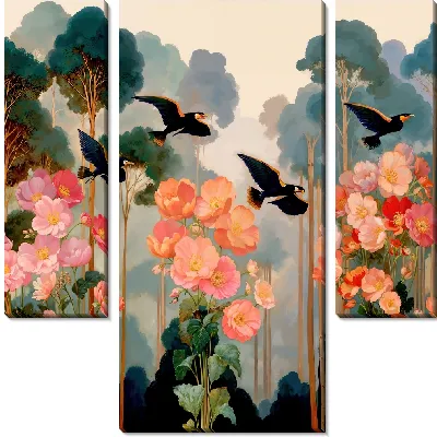 Модульная картина 4 черных птицы в полете над цветами