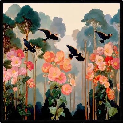 Картина 4 черных птицы в полете над цветами