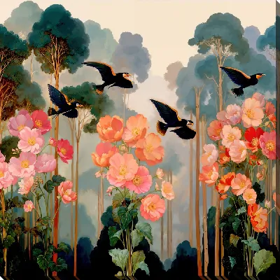 Постер 4 черных птицы в полете над цветами