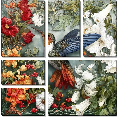 Модульная картина Колибри и цветы на зеленом фоне