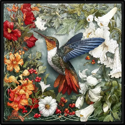 Картина Колибри и цветы на зеленом фоне