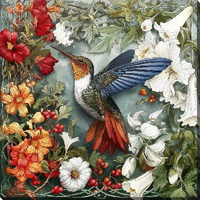 Картина маслом Колибри и цветы на зеленом фоне