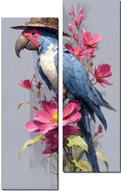 Модульная картина Попгуай в шляпе и цветы