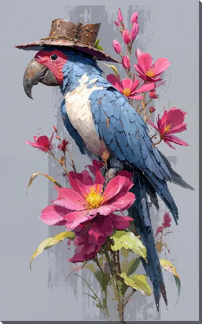 Картина маслом Попгуай в шляпе и цветы