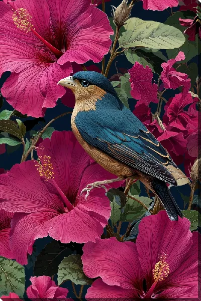 Картина маслом Птица и красные цветы