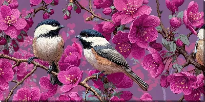 Постер Две птицы и розовые цветы