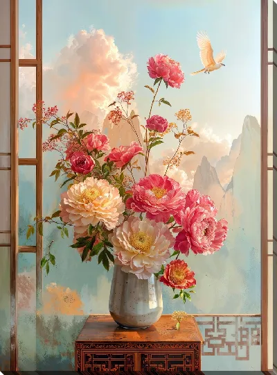 Картина маслом Букет цветов и пролетающая птица