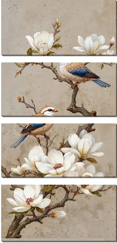 Модульная картина Две птицы и ветка магнолии