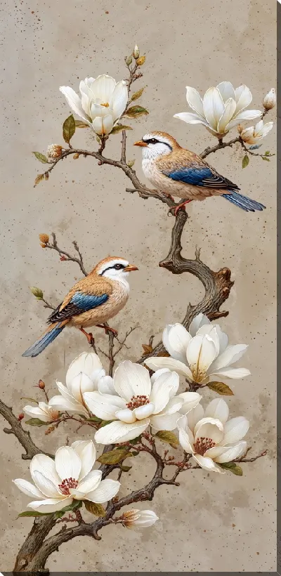 Постер Две птицы и ветка магнолии