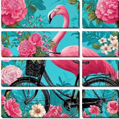 Модульная картина Розовый фломинго на велосипеде