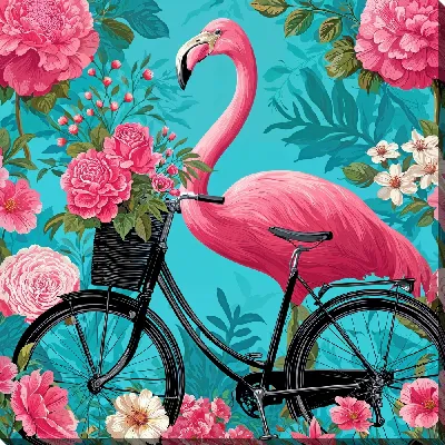 Картина маслом Розовый фломинго на велосипеде